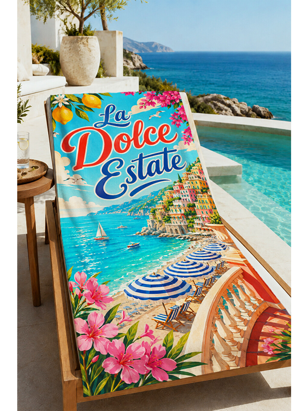 Mavi Vintage La Dolce Estate Akdeniz Sahil Posteri Desenli 70x150 Plaj Havlusu - Pamuklu Banyo Havlusu-4
