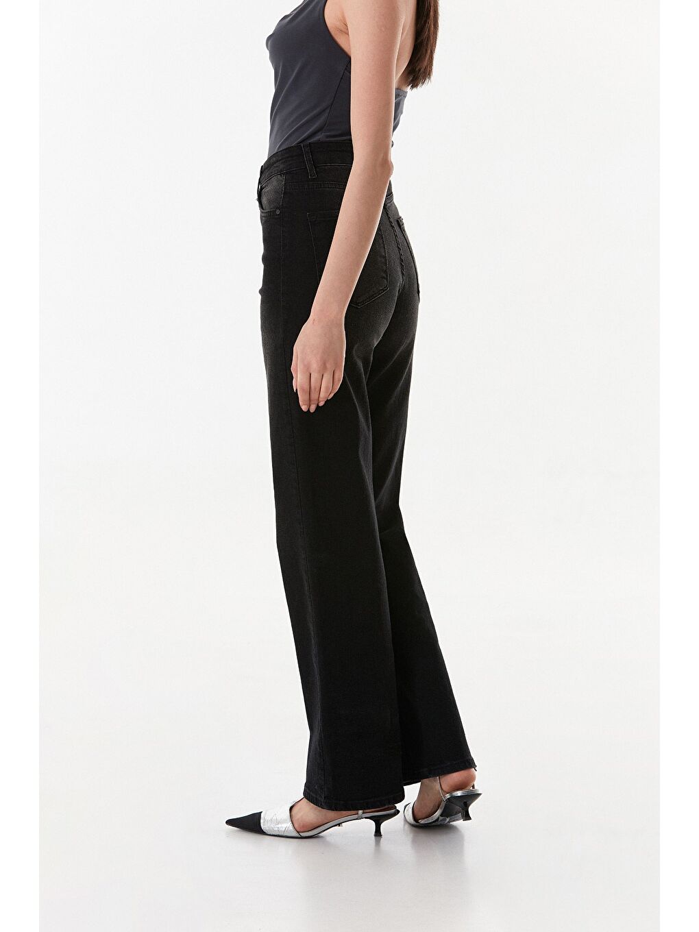 Antrasit Yüksek Bel Fermuarlı Palazzo Jean-4