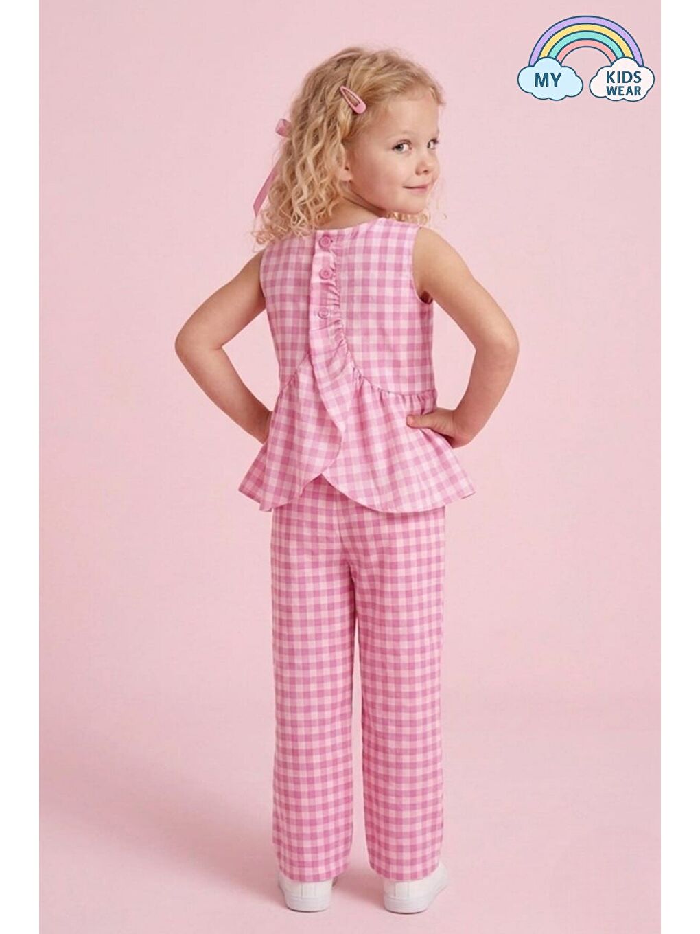 Pembe Kız Çocuk Pötikareli Peplum Bluz ve Pantolon Takımı 12689-1