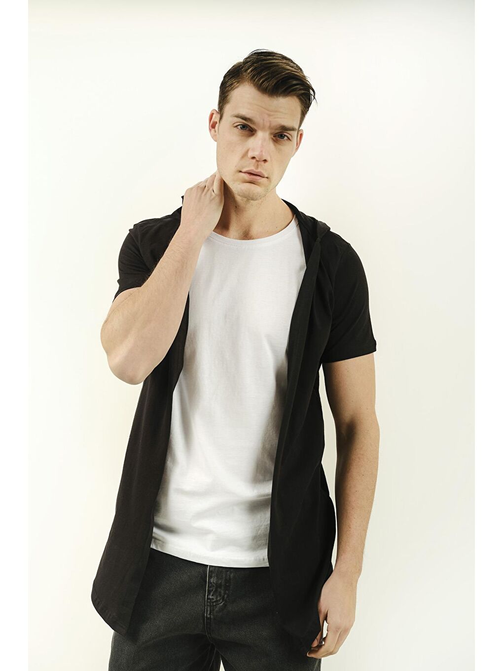 Siyah İçi Tshirt Dikili Erkek Slim Fit Basic Kapüşonlu Hırka-2