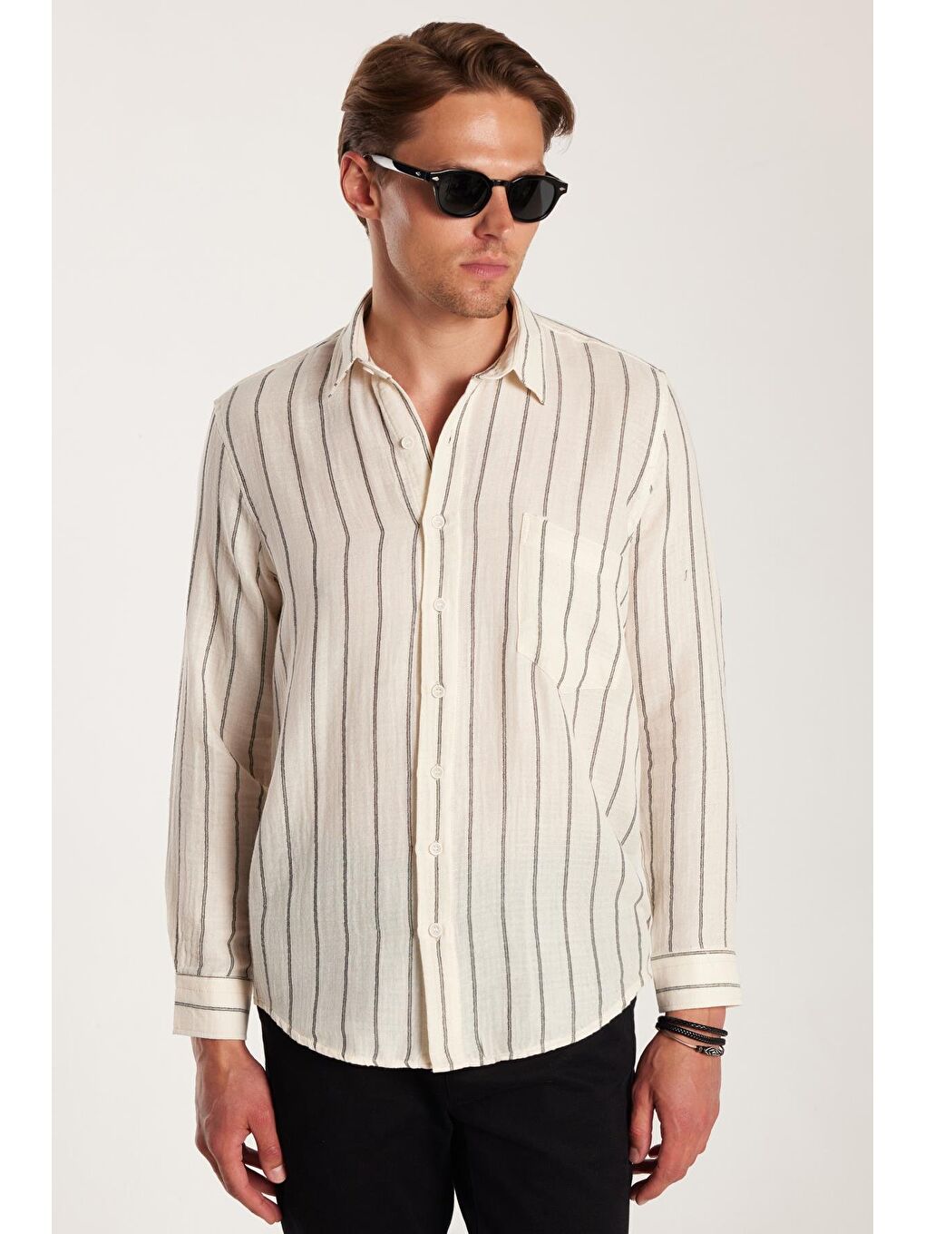 Karışık Regular Fit Keten Görünüm Pamuklu Çizgili Dökümlü Rahat Cepli Spor Gömlek-3