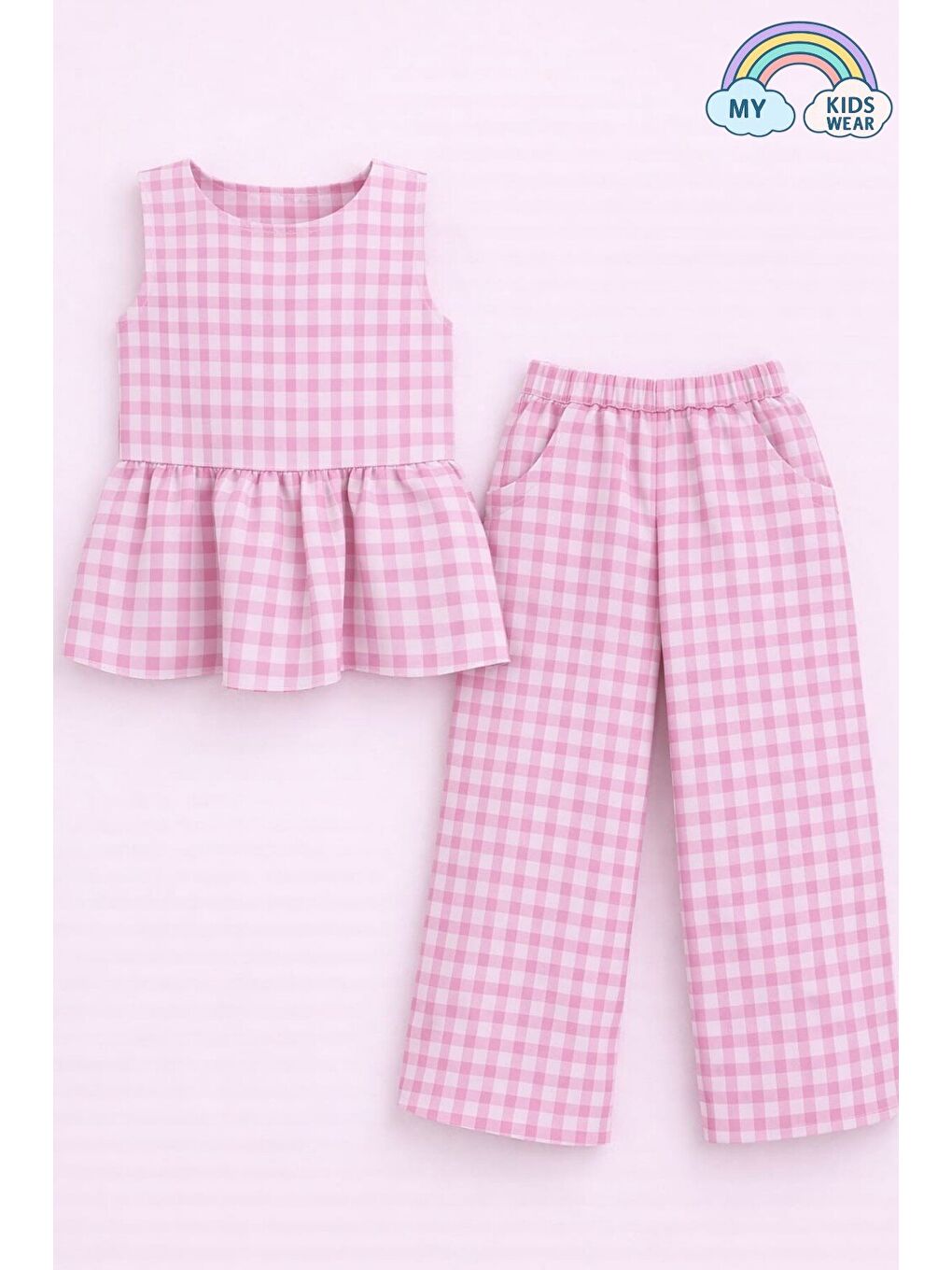 Pembe Kız Çocuk Pötikareli Peplum Bluz ve Pantolon Takımı 12689-2
