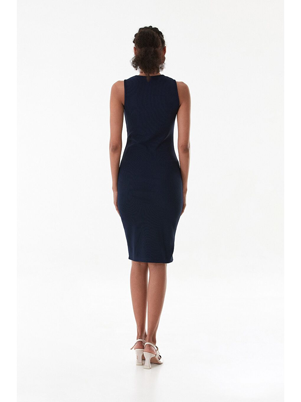 Lacivert Fitilli Omzu Pencere Detaylı Elbise-3