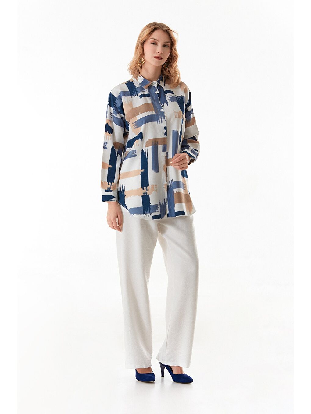 Mavi Desenli Salaş Gömlek-1