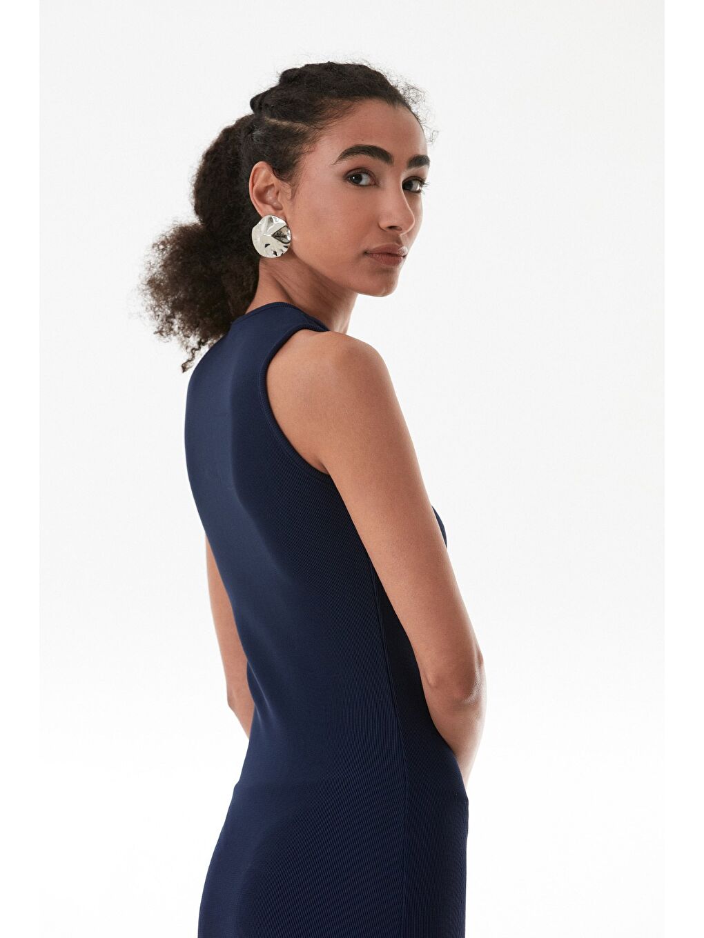 Lacivert Fitilli Omzu Pencere Detaylı Elbise-4