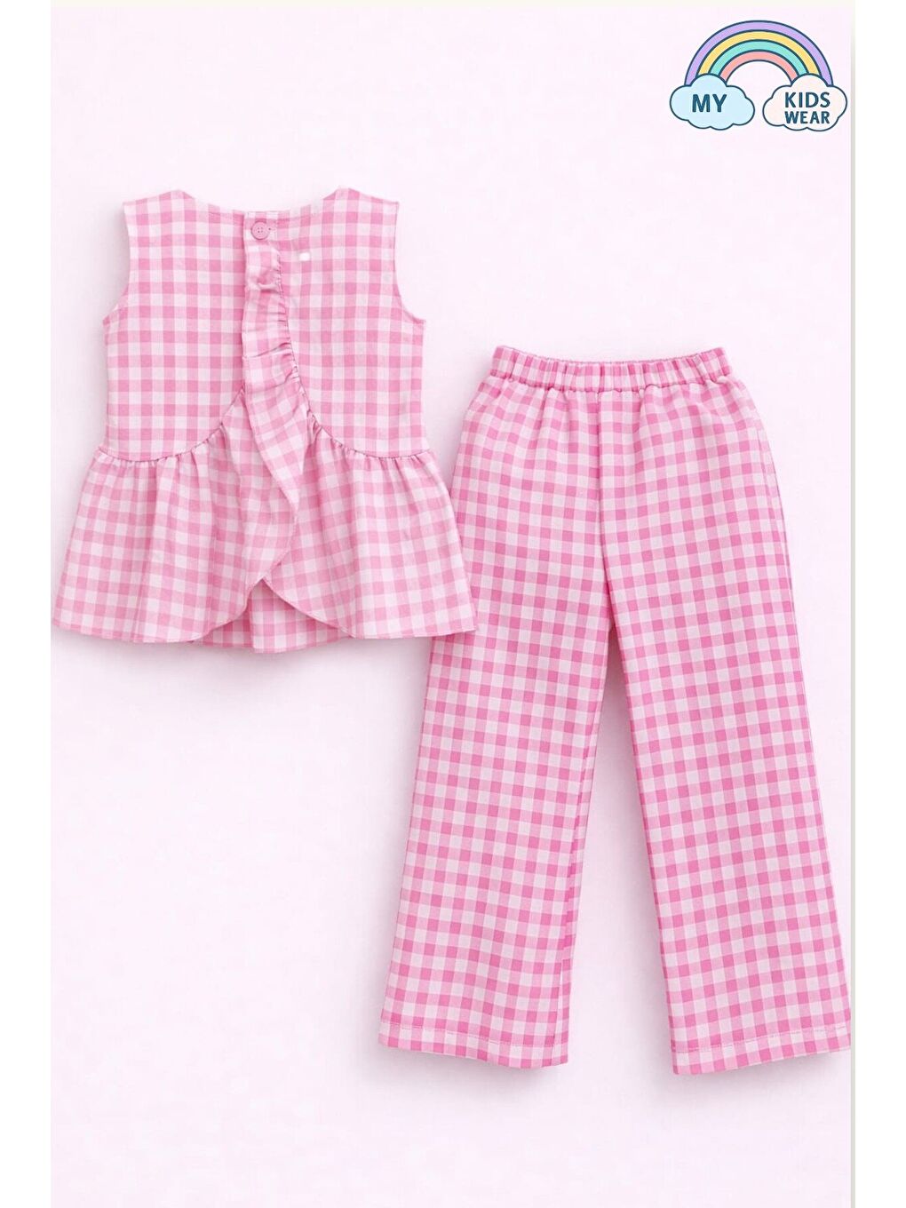 Pembe Kız Çocuk Pötikareli Peplum Bluz ve Pantolon Takımı 12689-3