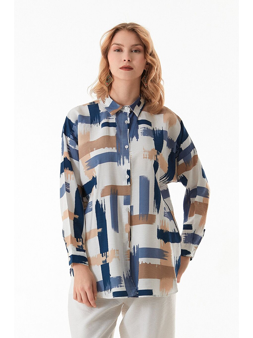 Mavi Desenli Salaş Gömlek-4