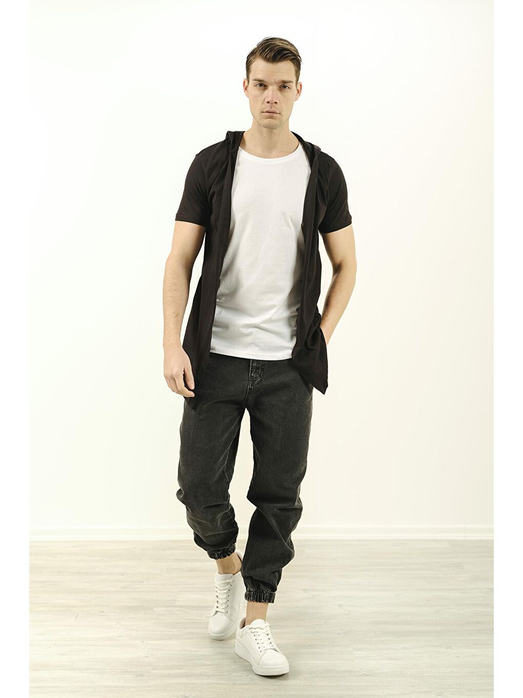 Siyah İçi Tshirt Dikili Erkek Slim Fit Basic Kapüşonlu Hırka-3