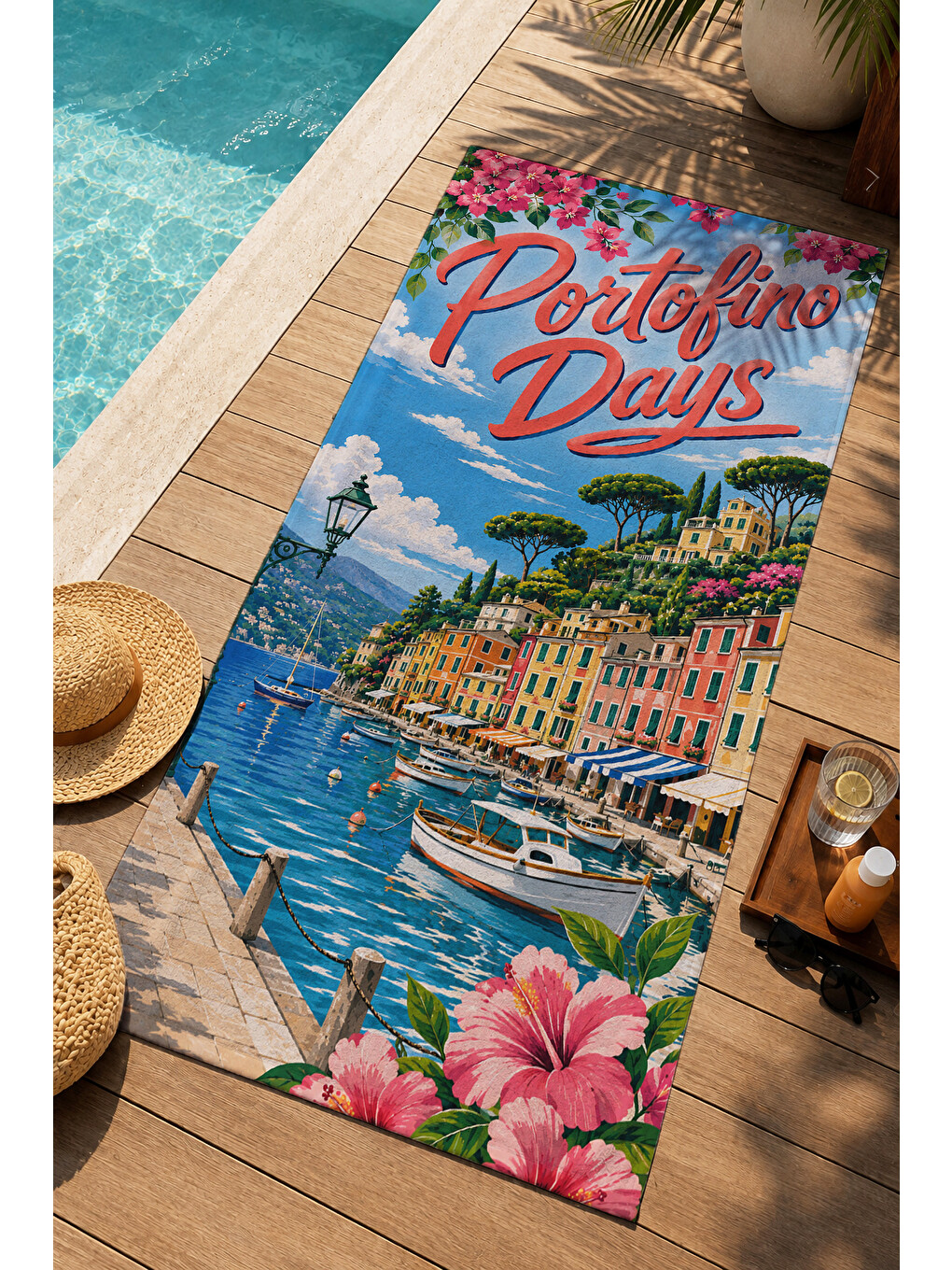 Mavi Vintage Riviera Sahil Posteri Desenli 70x150 Plaj Havlusu - Dijital Baskılı Solmaz Banyo Havlusu