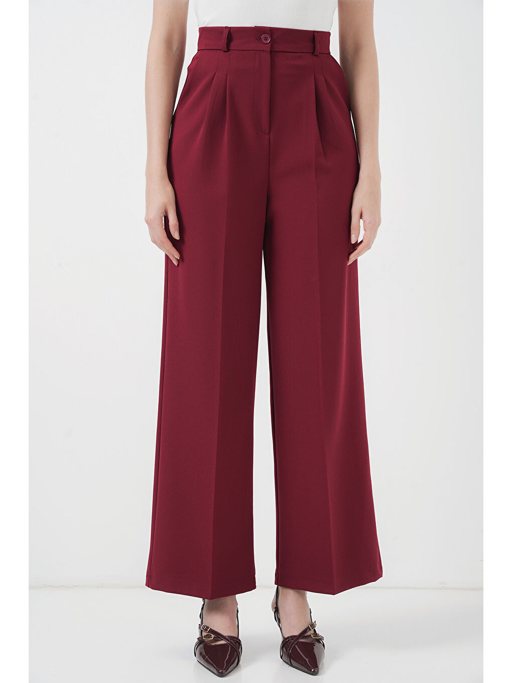 6647 Bol Paça Kumaş Pantolon - Bordo-1