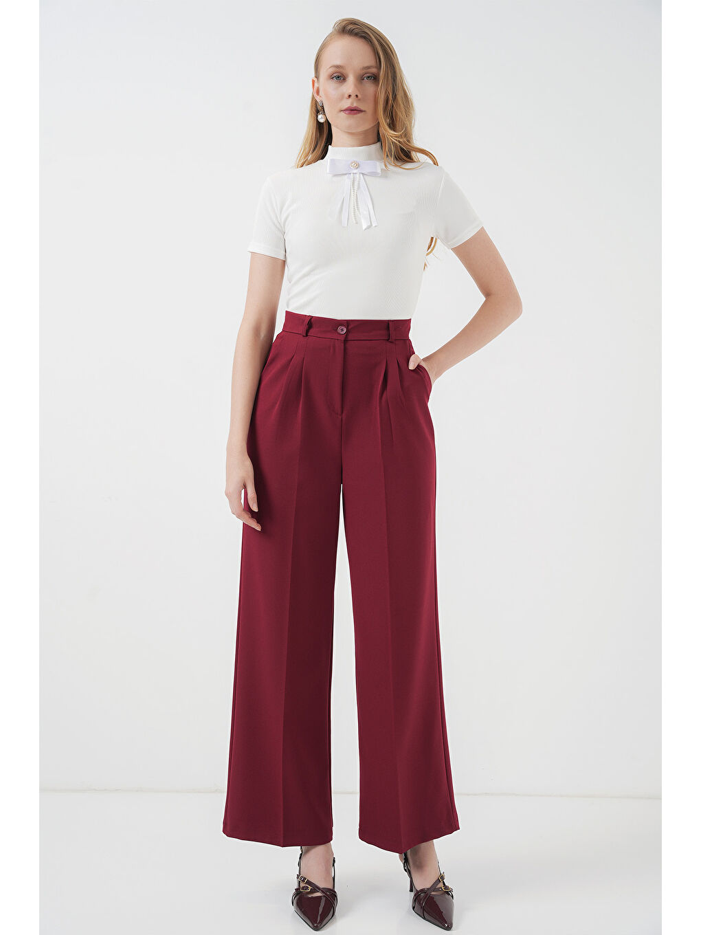 6647 Bol Paça Kumaş Pantolon - Bordo-2