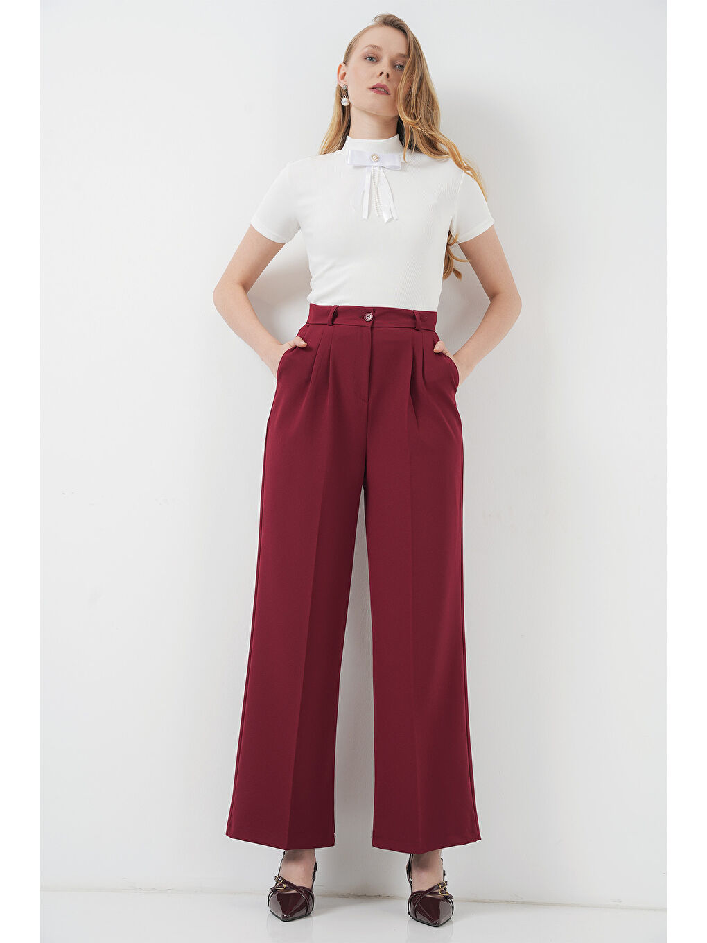 6647 Bol Paça Kumaş Pantolon - Bordo-4