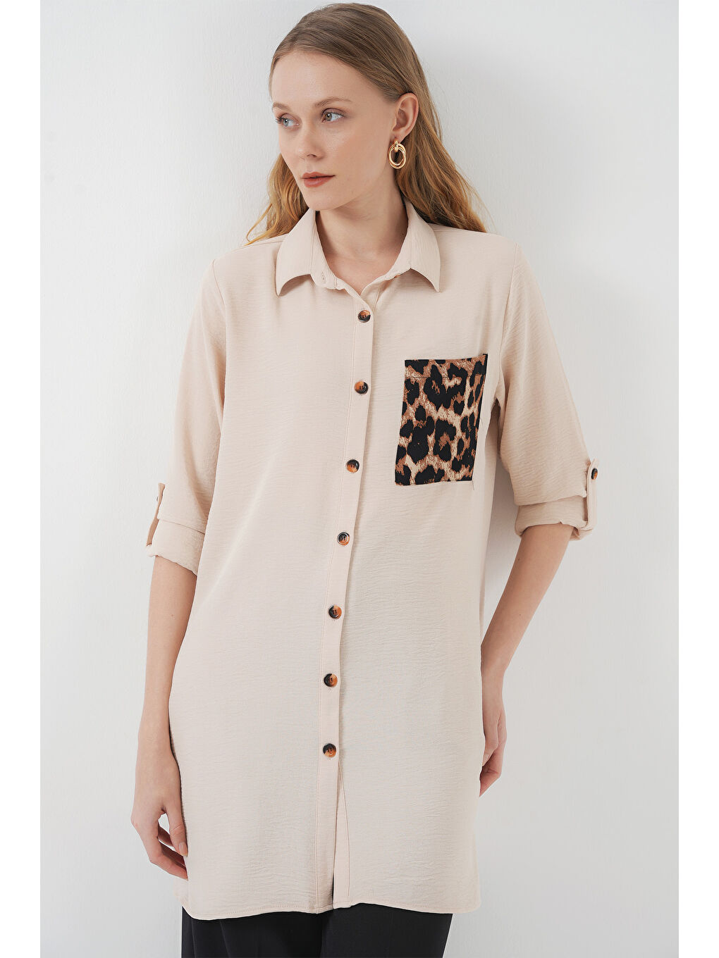 5851 Cep Detaylı Gömlek Tunik - Bej