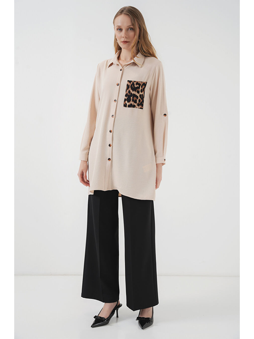 5851 Cep Detaylı Gömlek Tunik - Bej-1
