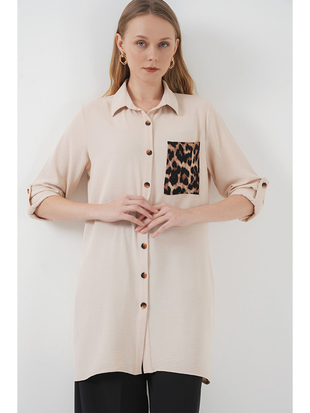 5851 Cep Detaylı Gömlek Tunik - Bej-2