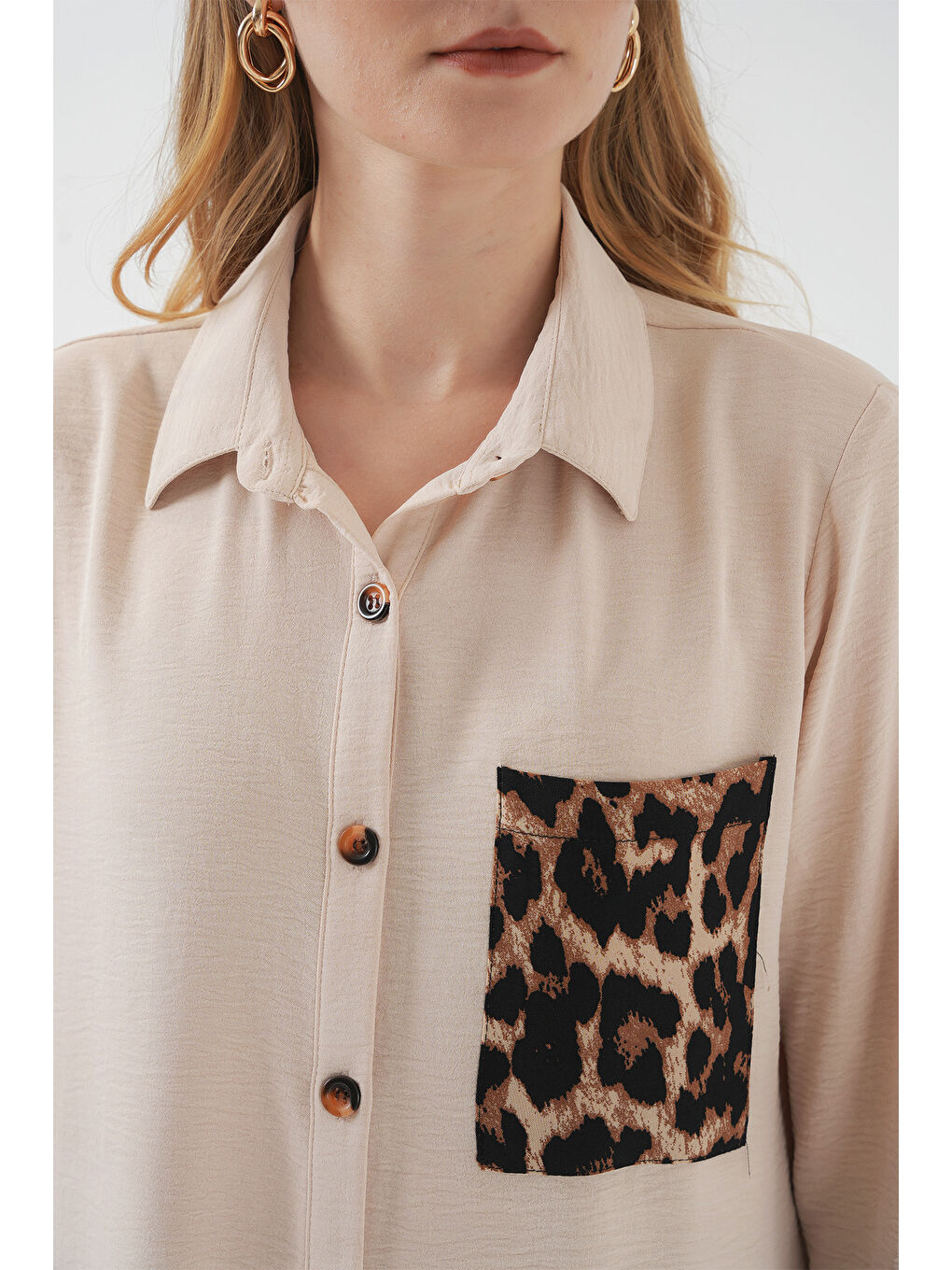 5851 Cep Detaylı Gömlek Tunik - Bej-3