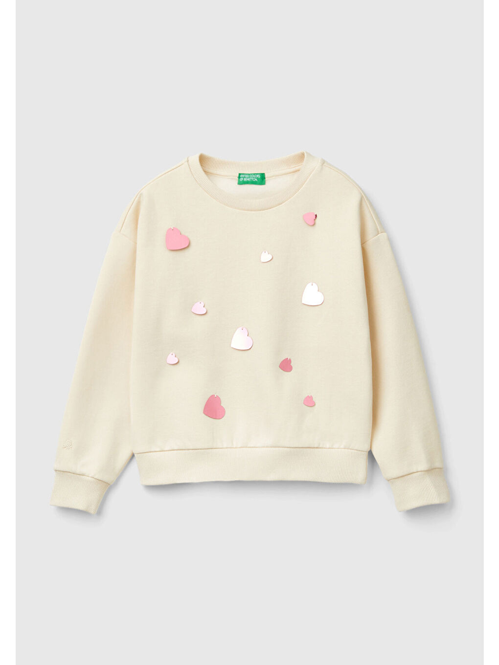 Kız Çocuk Ekru Önü Kalpli Payetli Düşük Omuz Bisiklet Yaka Sweatshirt