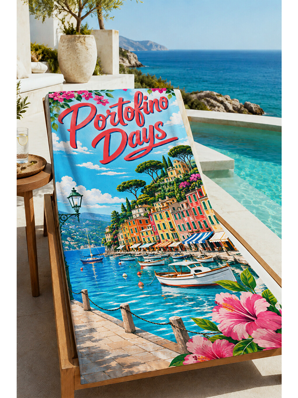 Mavi Vintage Riviera Sahil Posteri Desenli 70x150 Plaj Havlusu - Dijital Baskılı Solmaz Banyo Havlusu-3