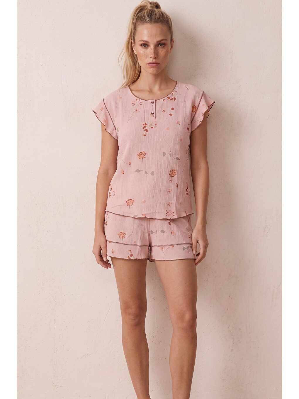 Pembe Bürümcük-krınkıl Şortlu Pijama Takım 26120175-1