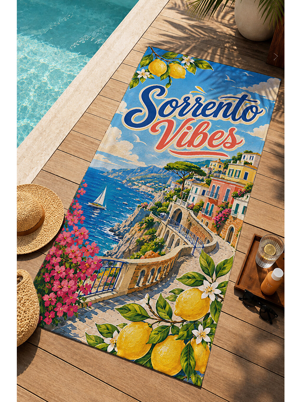Mavi Vintage Sorrento Vibes İtalyan Sahil Posteri Desenli 70x150 Plaj Havlusu - Pamuklu Banyo Havlusu