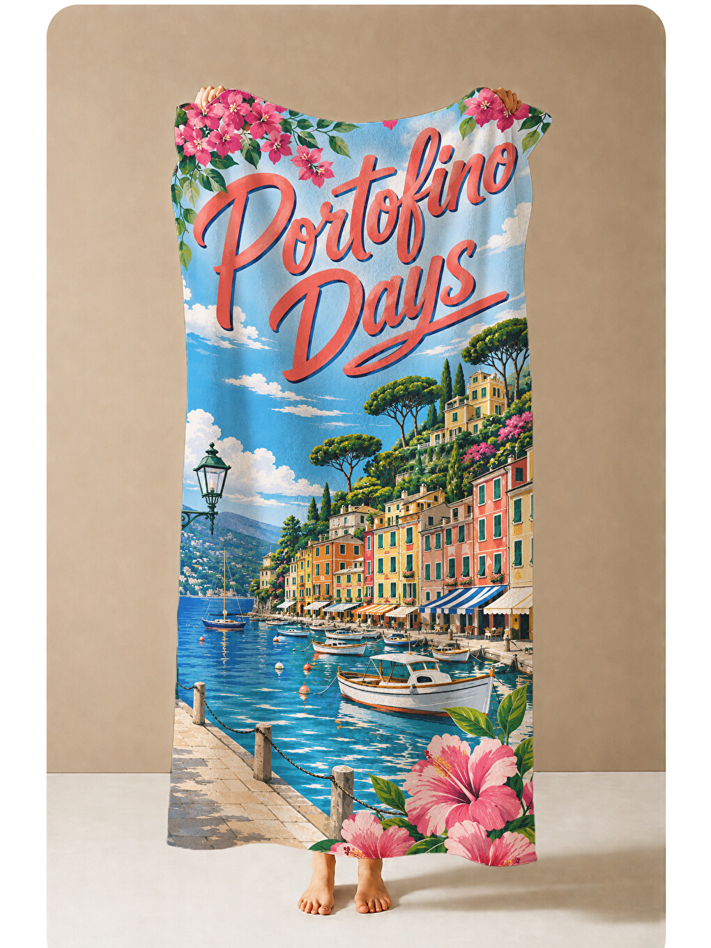 Mavi Vintage Riviera Sahil Posteri Desenli 70x150 Plaj Havlusu - Dijital Baskılı Solmaz Banyo Havlusu-4