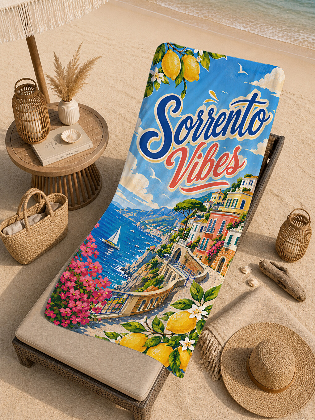 Mavi Vintage Sorrento Vibes İtalyan Sahil Posteri Desenli 70x150 Plaj Havlusu - Pamuklu Banyo Havlusu-1