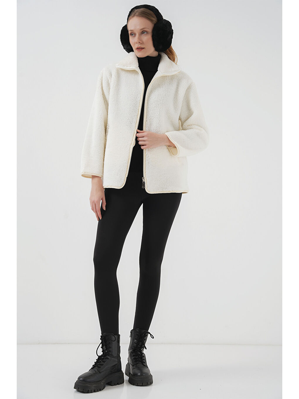 5211 Fermuarlı Pelüş Mont   Ekru-1