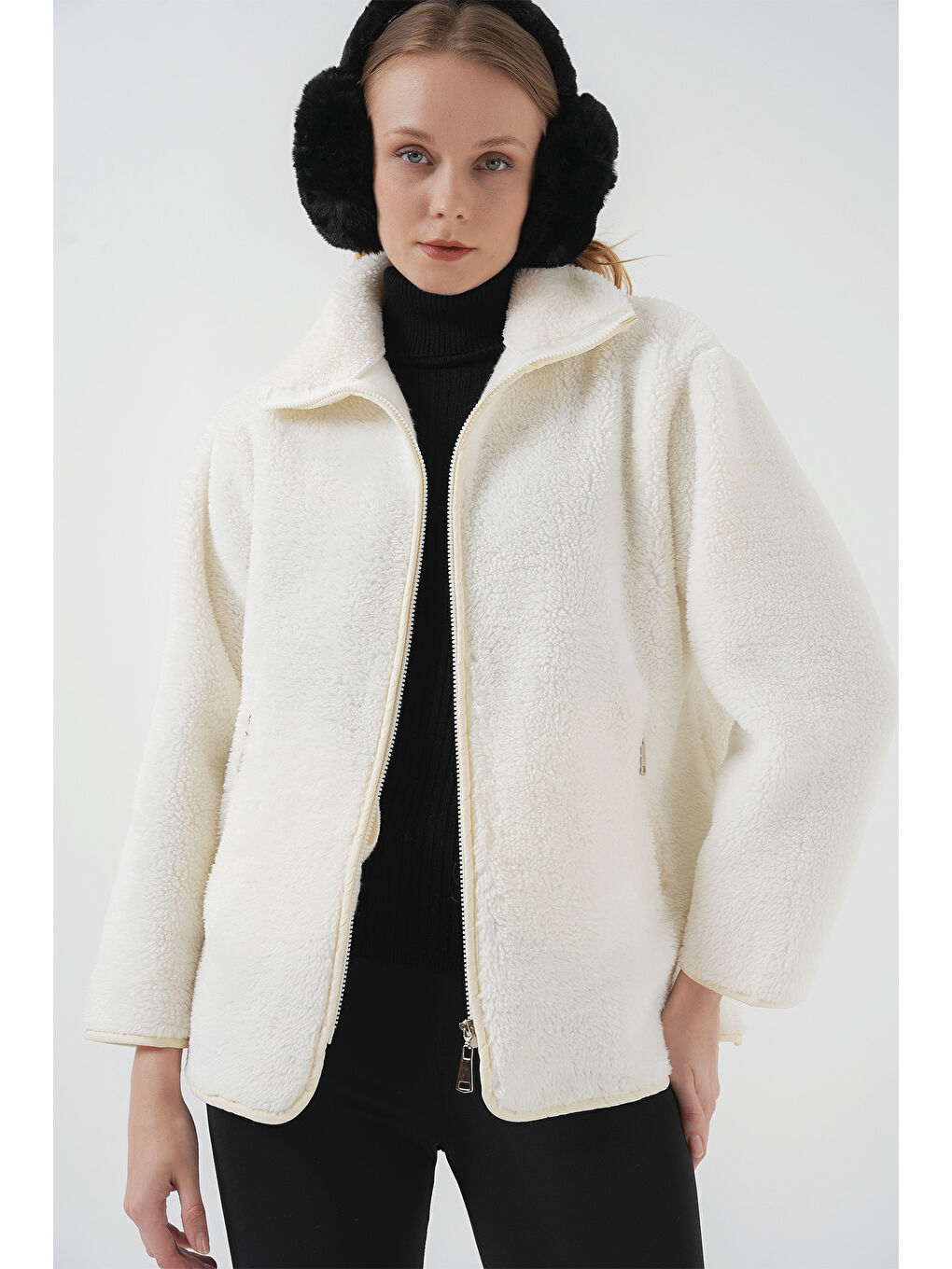 5211 Fermuarlı Pelüş Mont   Ekru-2