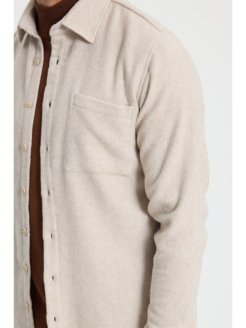 Erkek Slim Fit Dar Kesim  Armürlü Oduncu Cepli Spor Yaka Ekru Gömlek-2