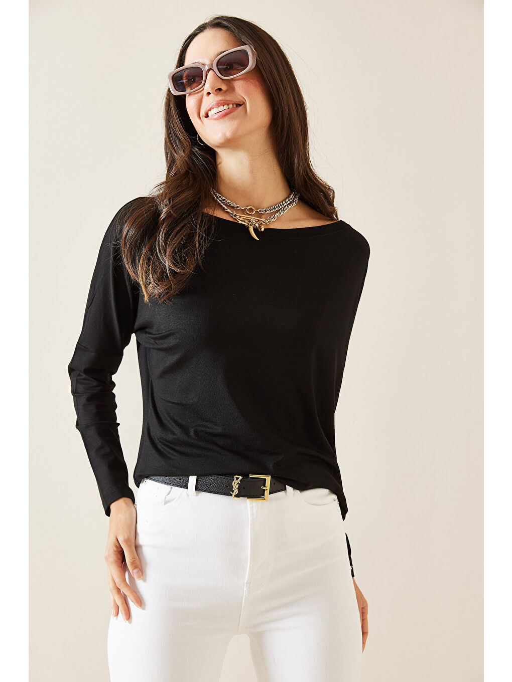 Siyah Kayık Yaka Viskon Bluz 5KXK2-49021-02-3