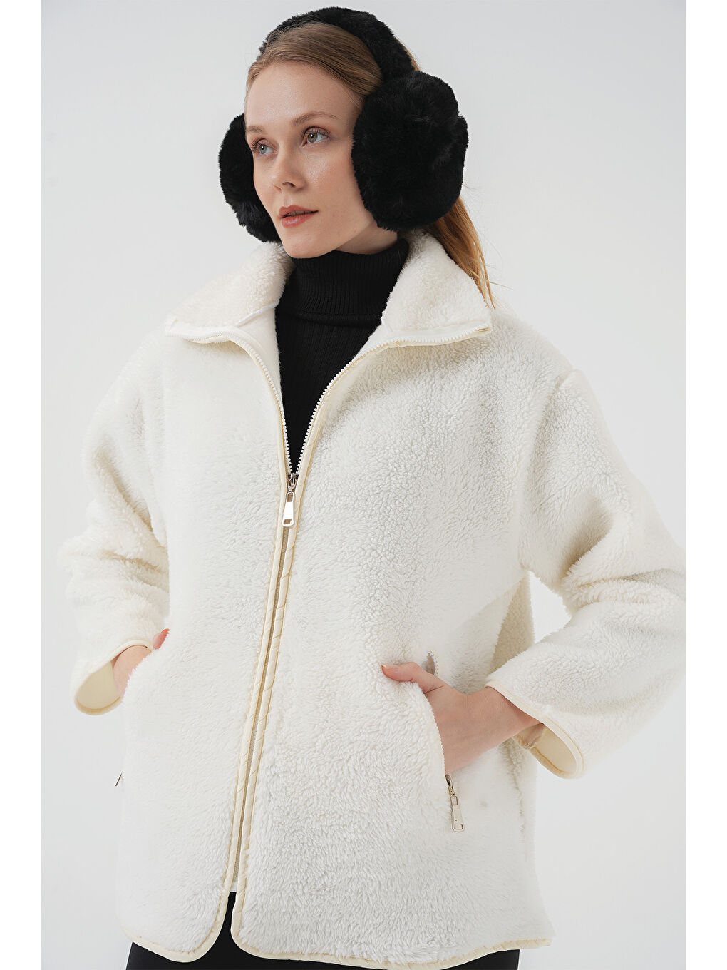 5211 Fermuarlı Pelüş Mont   Ekru-3