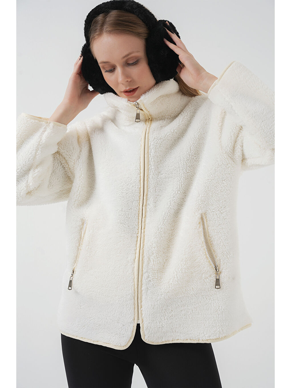 5211 Fermuarlı Pelüş Mont   Ekru-4