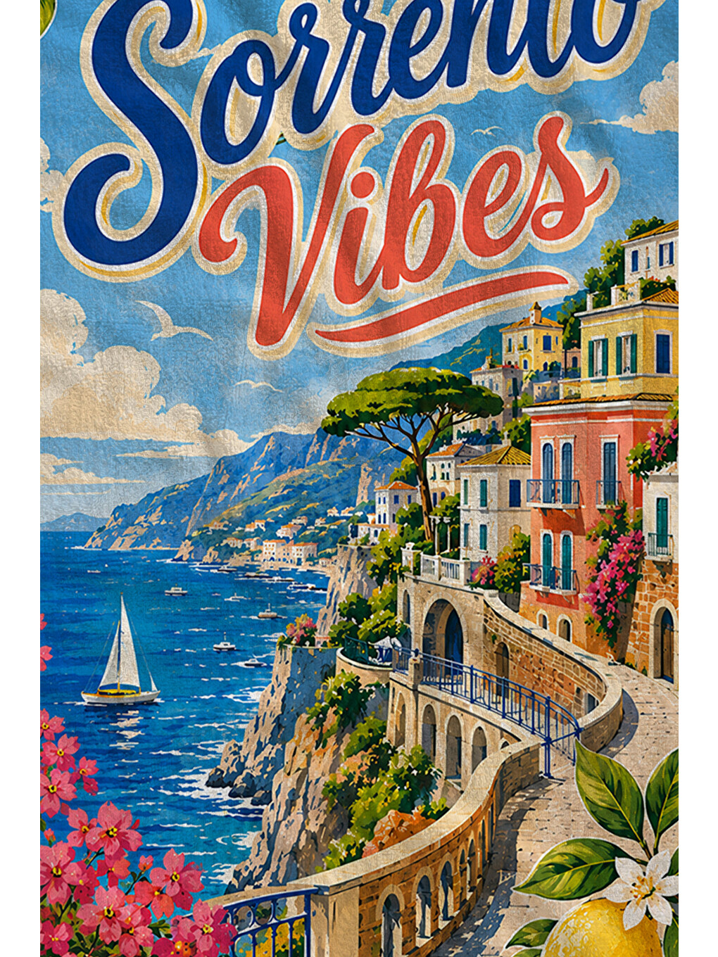Mavi Vintage Sorrento Vibes İtalyan Sahil Posteri Desenli 70x150 Plaj Havlusu - Pamuklu Banyo Havlusu-2