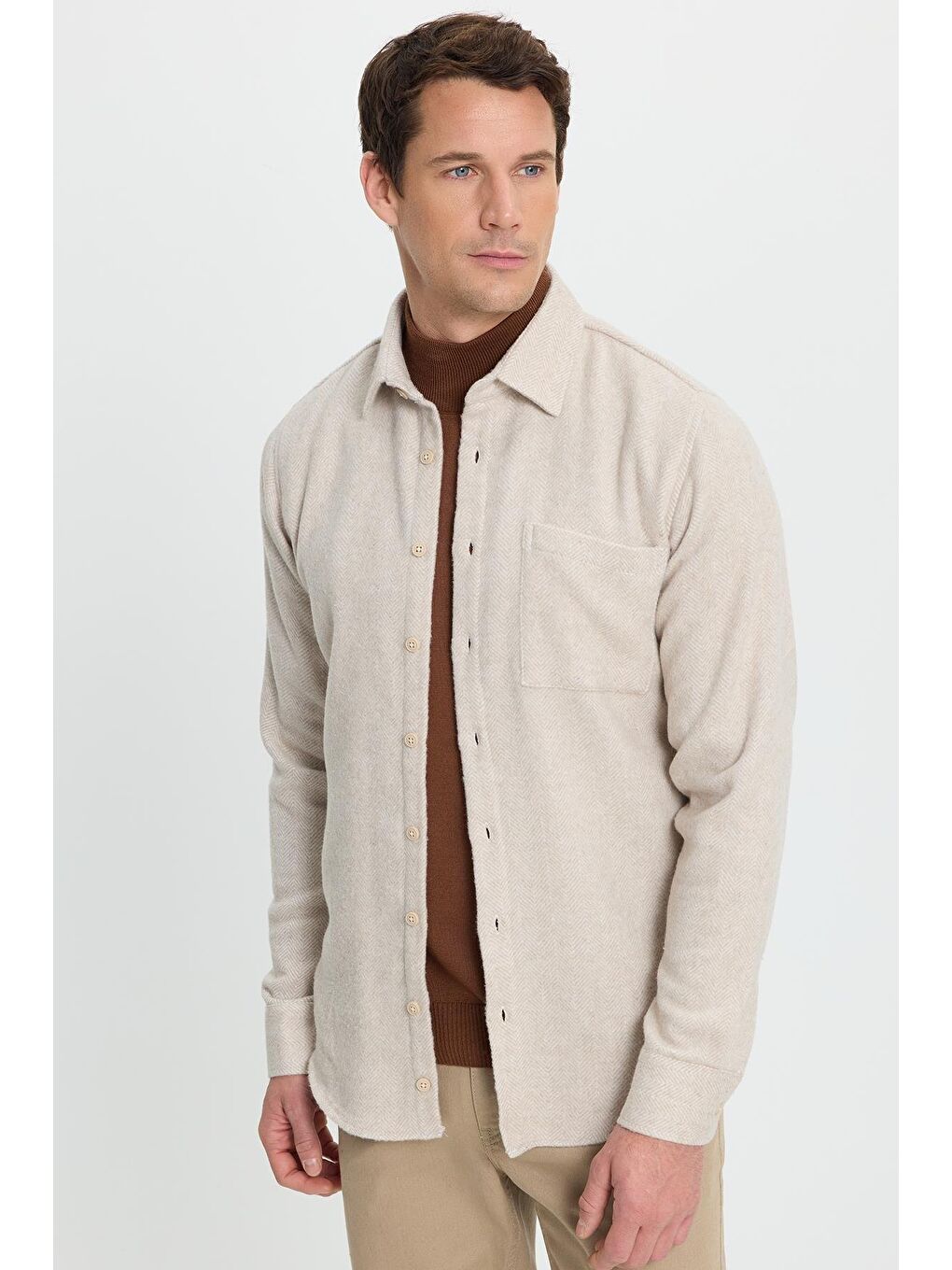 Erkek Slim Fit Dar Kesim  Armürlü Oduncu Cepli Spor Yaka Ekru Gömlek-5