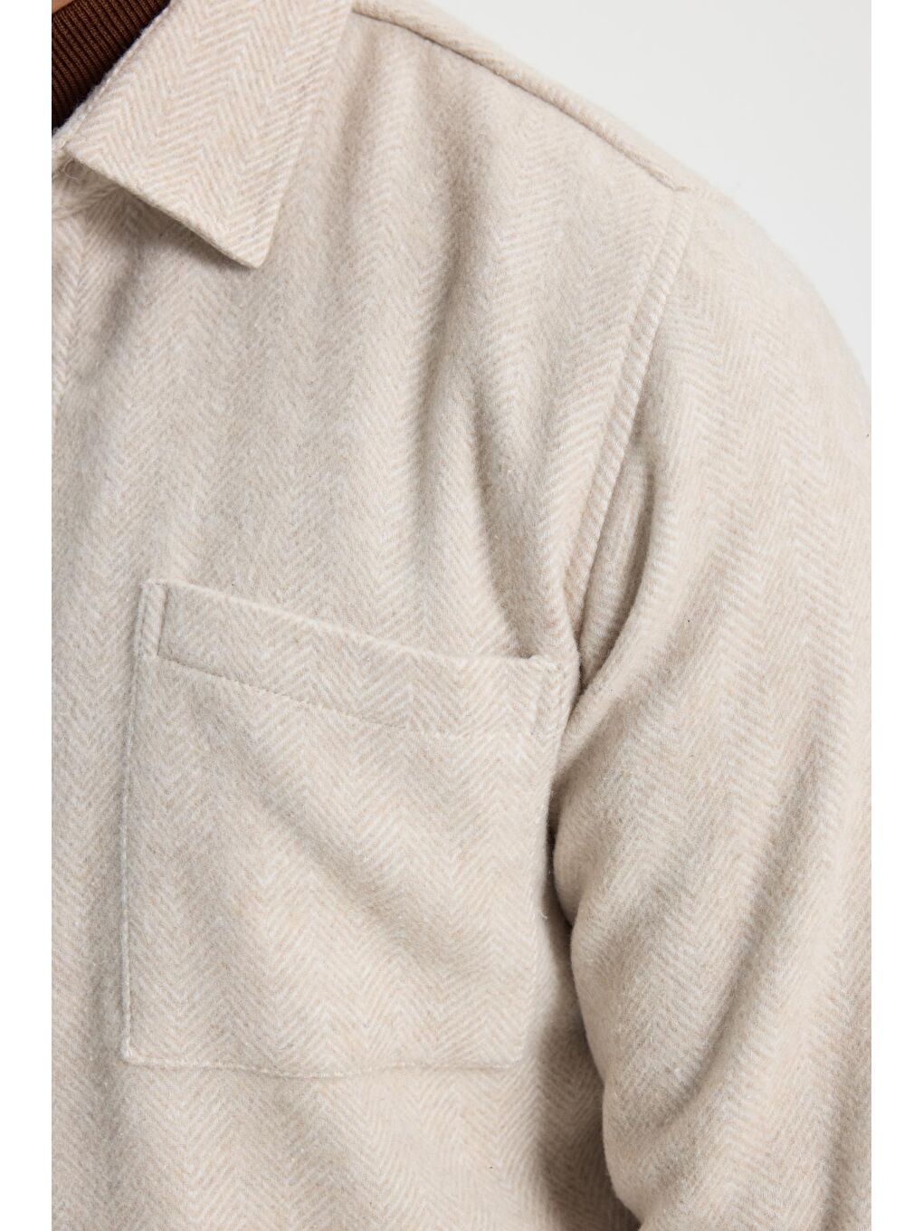 Erkek Slim Fit Dar Kesim  Armürlü Oduncu Cepli Spor Yaka Ekru Gömlek-6