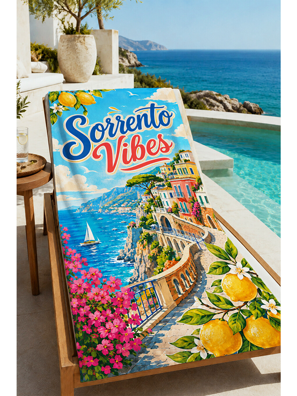 Mavi Vintage Sorrento Vibes İtalyan Sahil Posteri Desenli 70x150 Plaj Havlusu - Pamuklu Banyo Havlusu-3