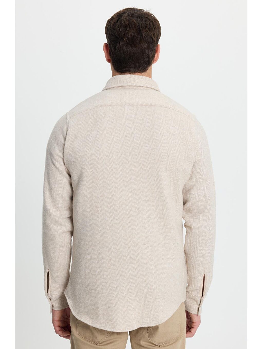 Erkek Slim Fit Dar Kesim  Armürlü Oduncu Cepli Spor Yaka Ekru Gömlek-7