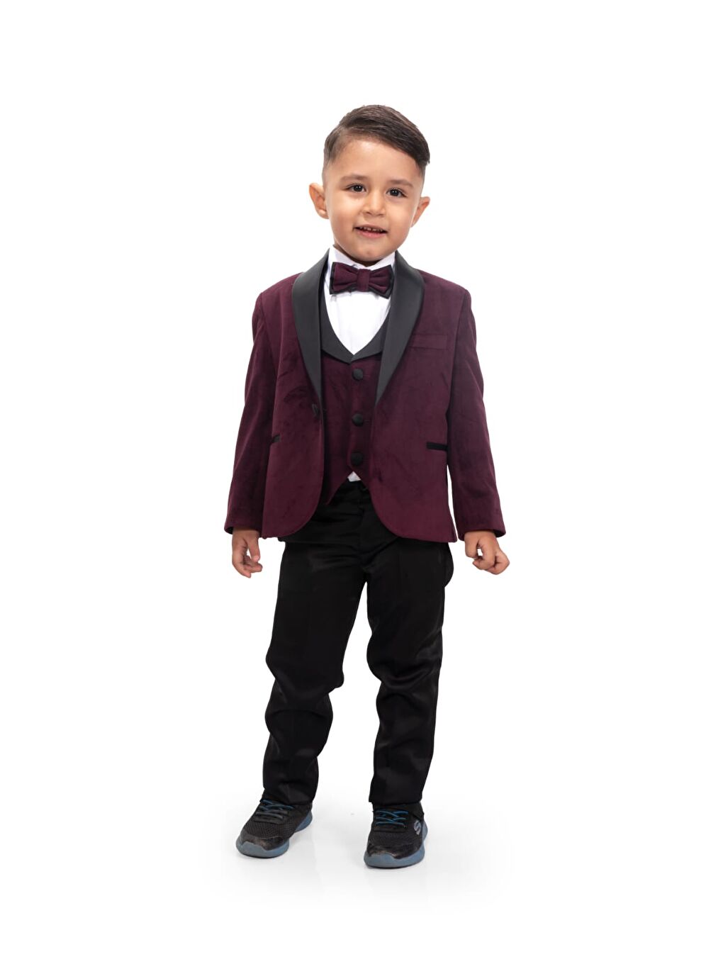 Bordo Kadife Ceketli Yelekli Erkek Çocuk Takım Elbise MNK0550-8