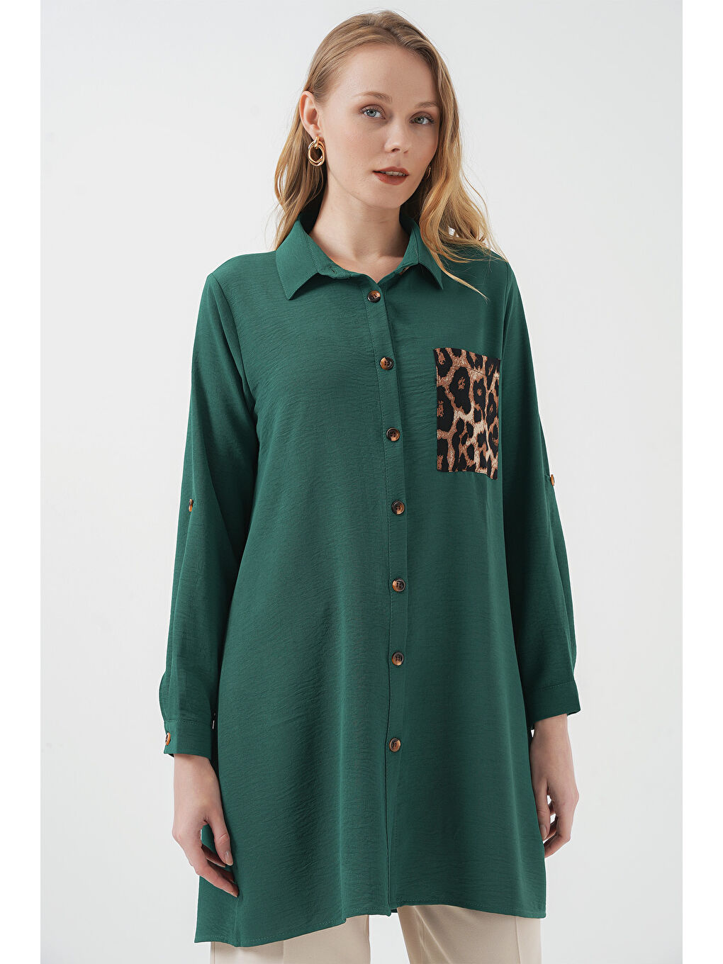 5851 Cep Detaylı Gömlek Tunik - Zümrüt Yeşili