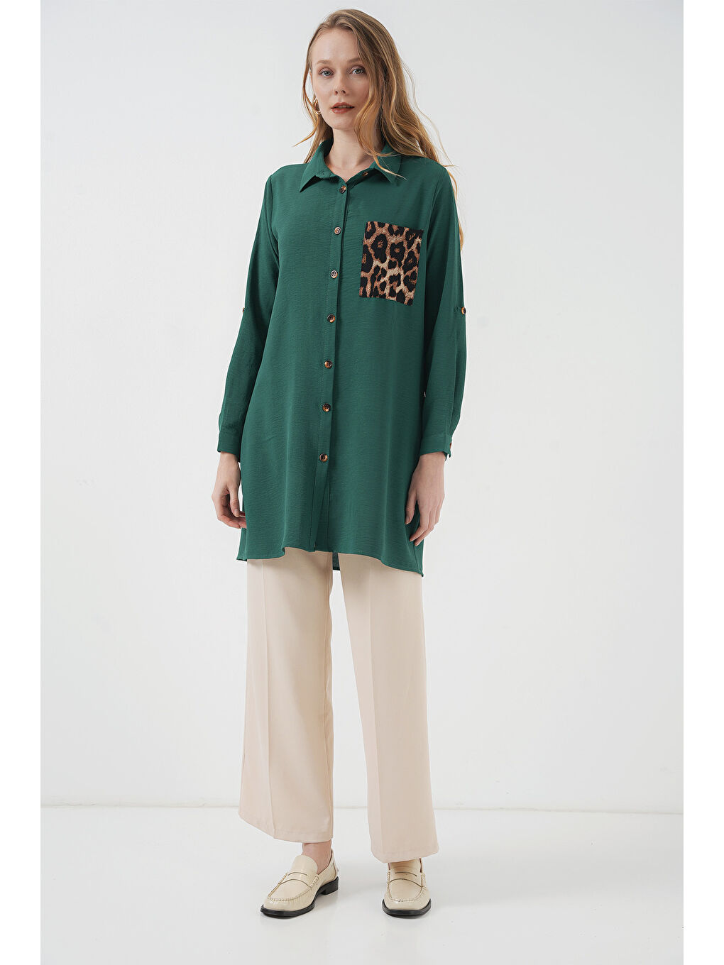 5851 Cep Detaylı Gömlek Tunik - Zümrüt Yeşili-1