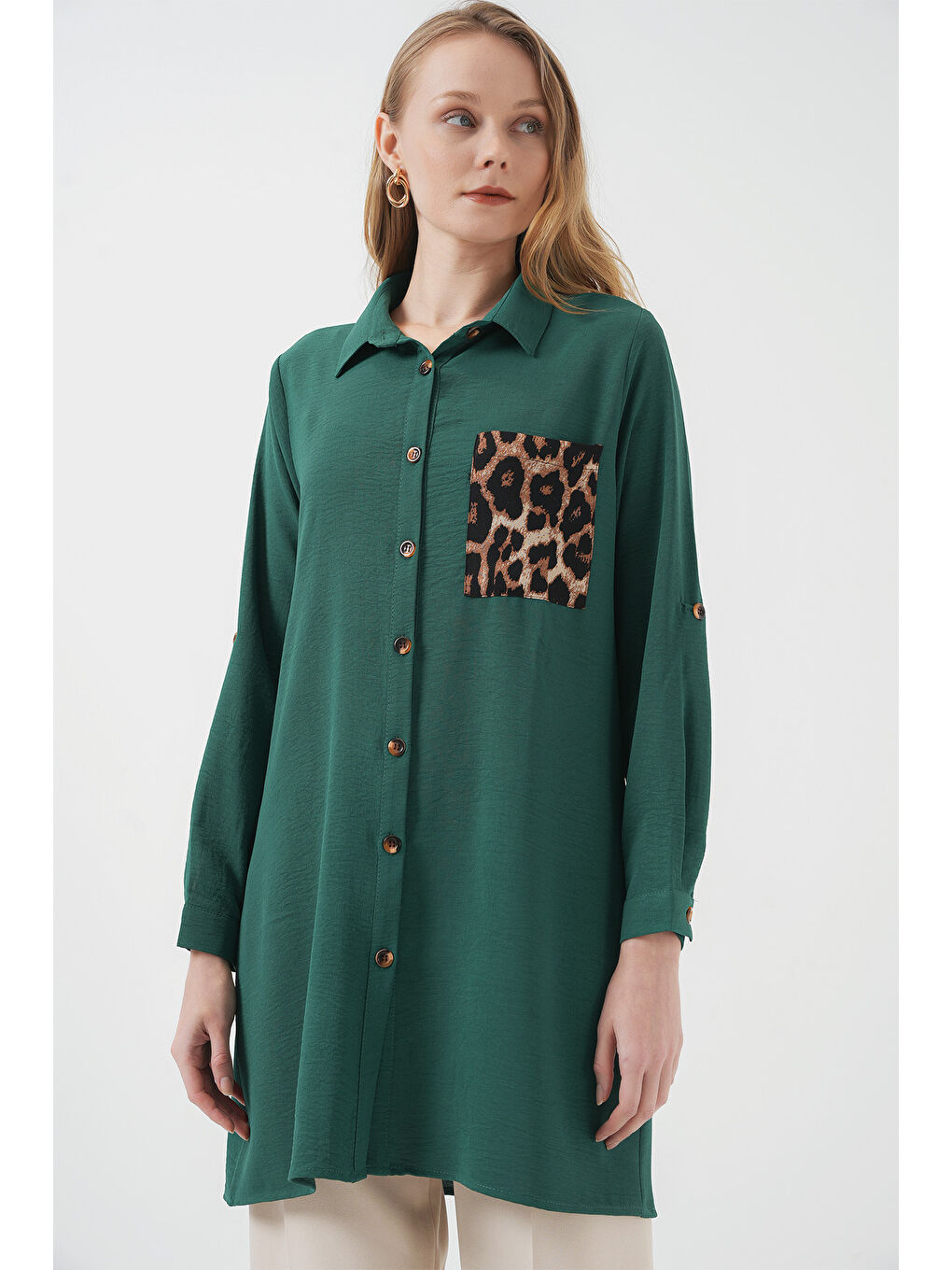 5851 Cep Detaylı Gömlek Tunik - Zümrüt Yeşili-2