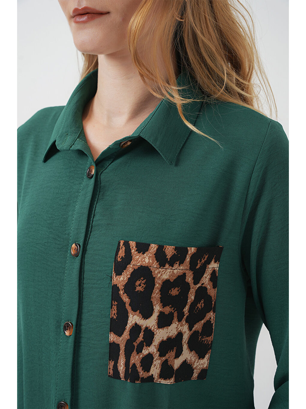 5851 Cep Detaylı Gömlek Tunik - Zümrüt Yeşili-3