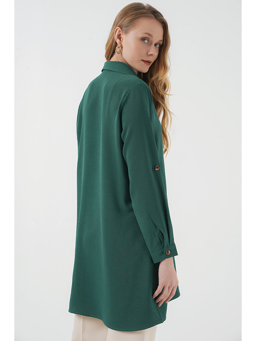 5851 Cep Detaylı Gömlek Tunik - Zümrüt Yeşili-4