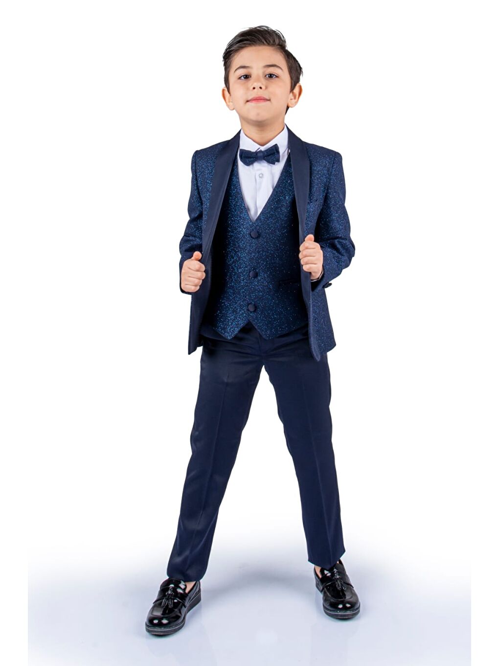 Lacivert Simli Ceketli Yelekli Erkek Çocuk Damatlık Takım MNK0501-3