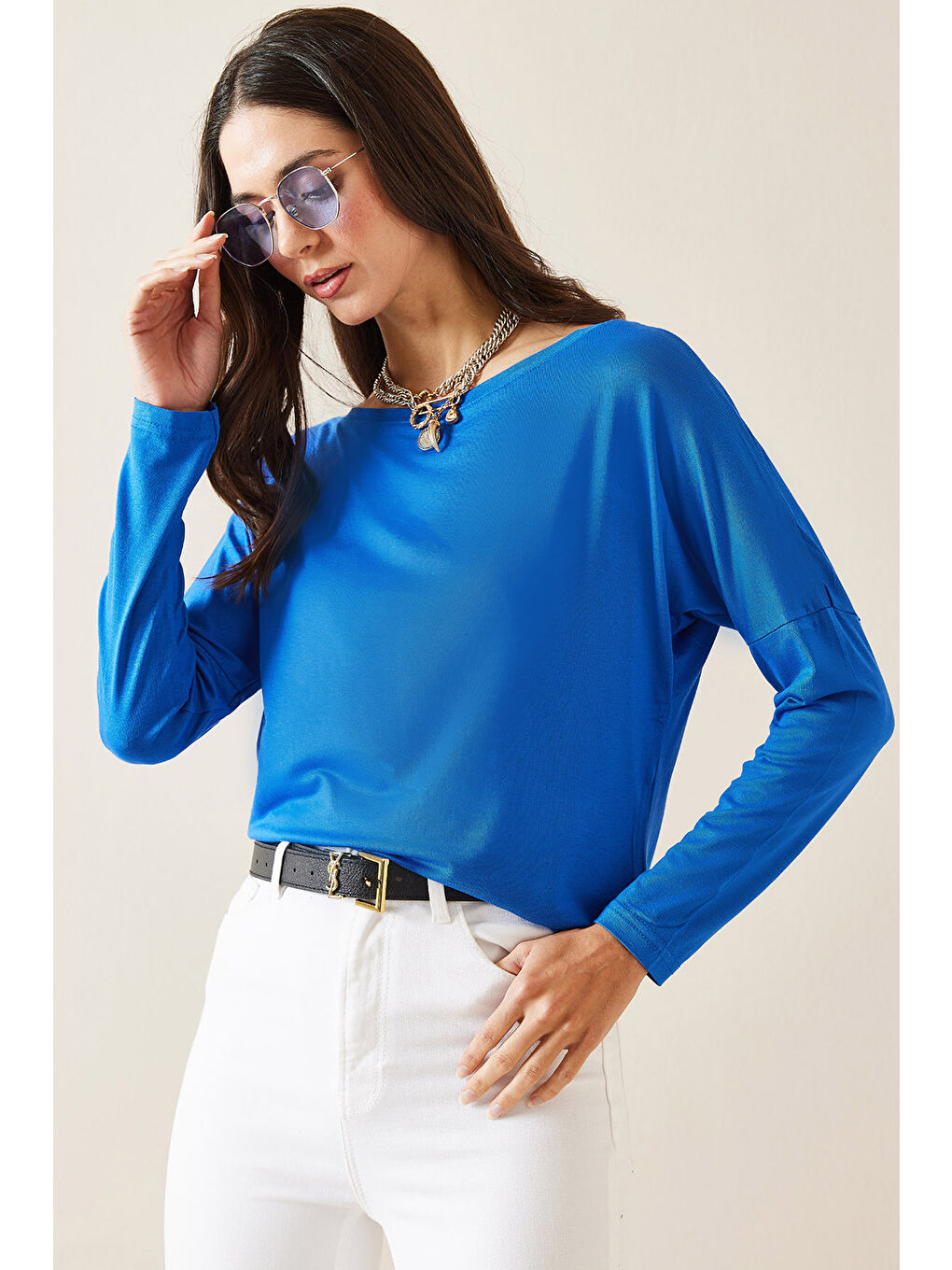 Mavi Saks Kayık Yaka Viskon Bluz 5KXK2-49021-15