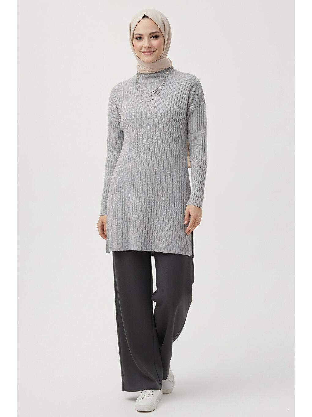 İnterlok Yırtmaçlı Tunik Gri - 27994-GRI