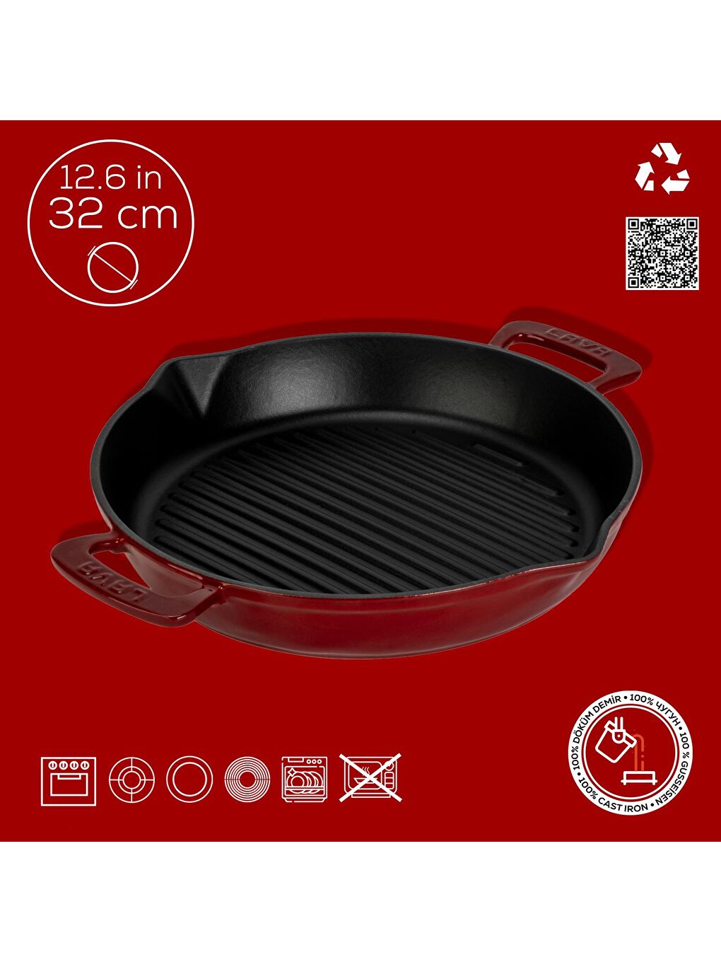 Bordo Yuvarlak Izgara Tavası Döküm Demir Yekpare Çift Kulplu Çap(Ø)32cm.-3