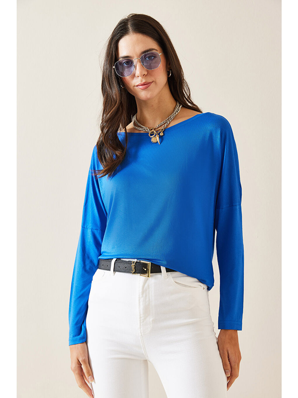 Mavi Saks Kayık Yaka Viskon Bluz 5KXK2-49021-15-1