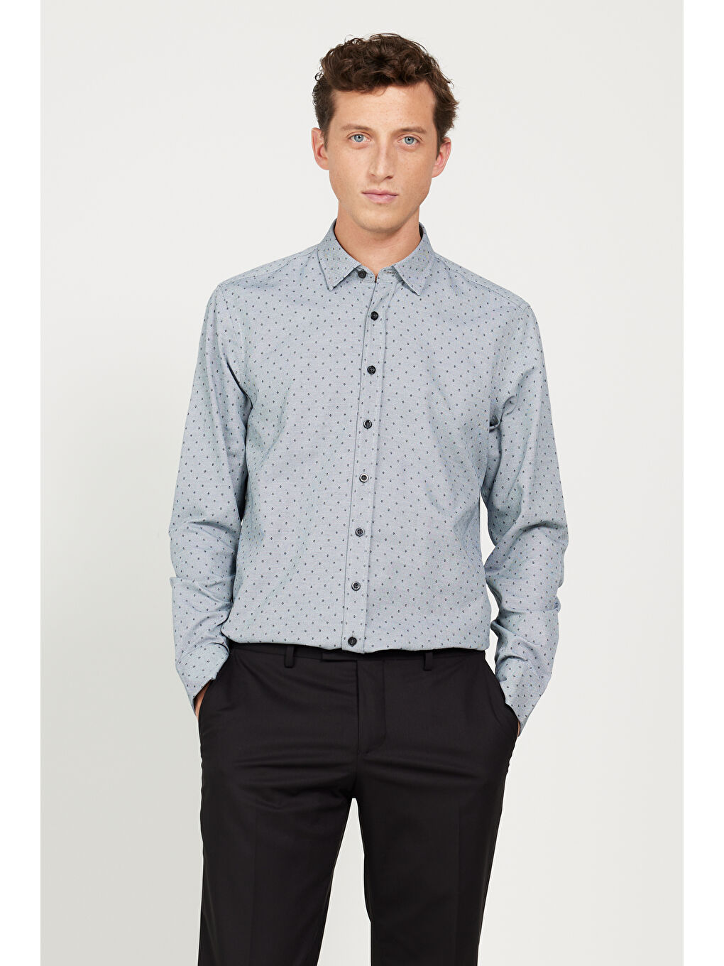 Erkek Gri-Beyaz Slim Fit Dar Kesim Gizli Düğmeli Yaka Pamuklu Gömlek-2