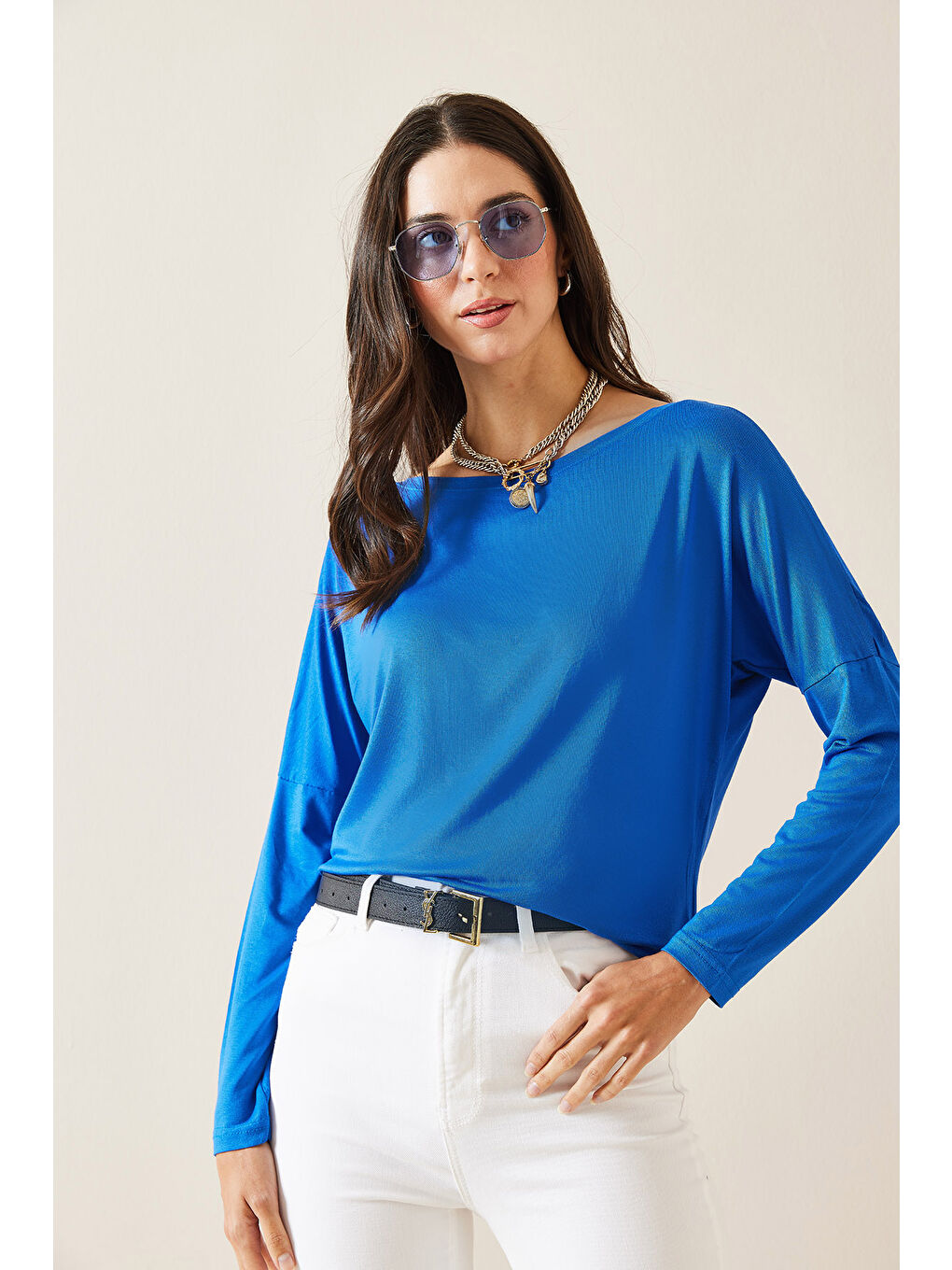 Mavi Saks Kayık Yaka Viskon Bluz 5KXK2-49021-15-2